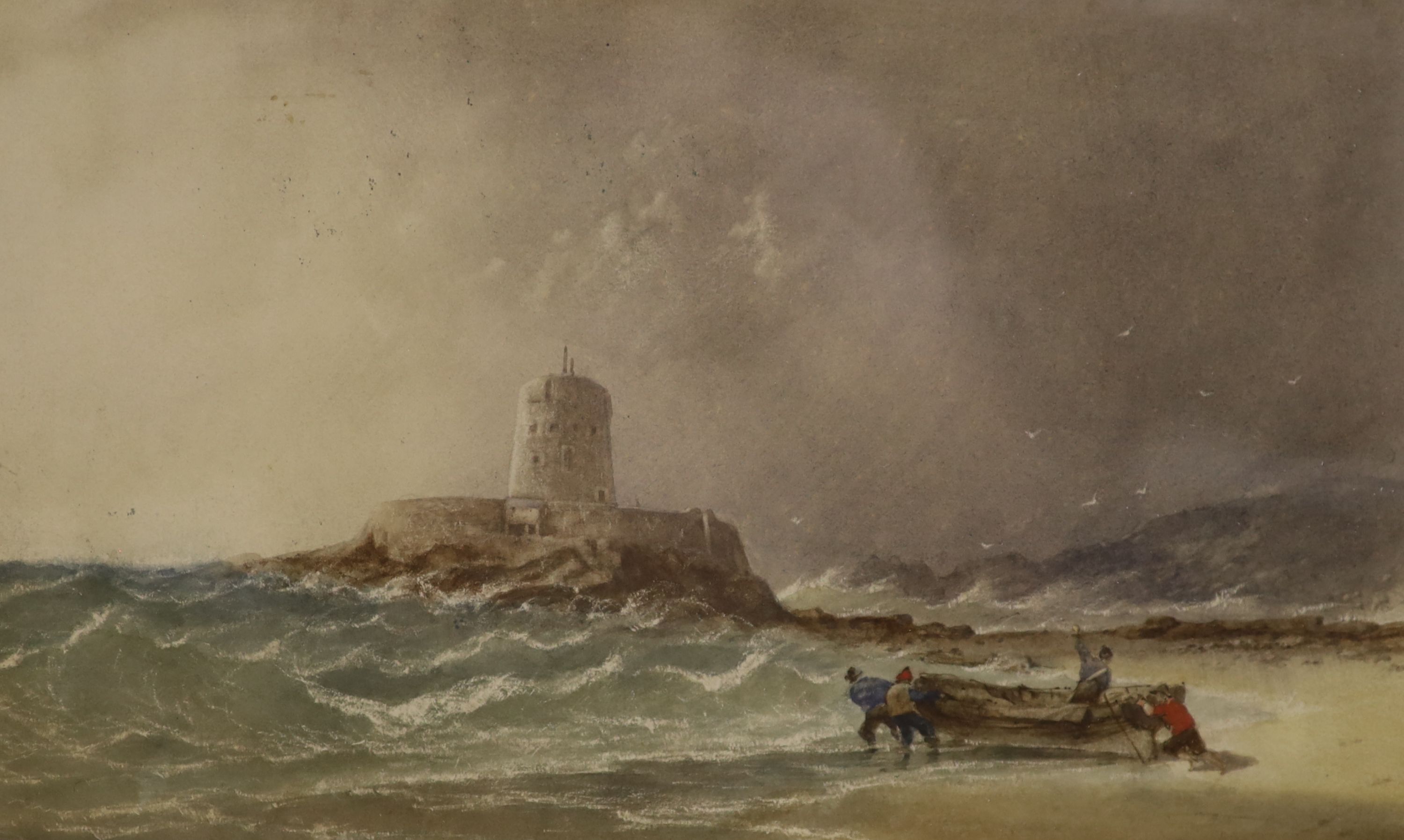 19th century English School, 2 watercolours, Fishfolk putting out to sea and Off the coast, 21 x 36cm and 17 x 42cm